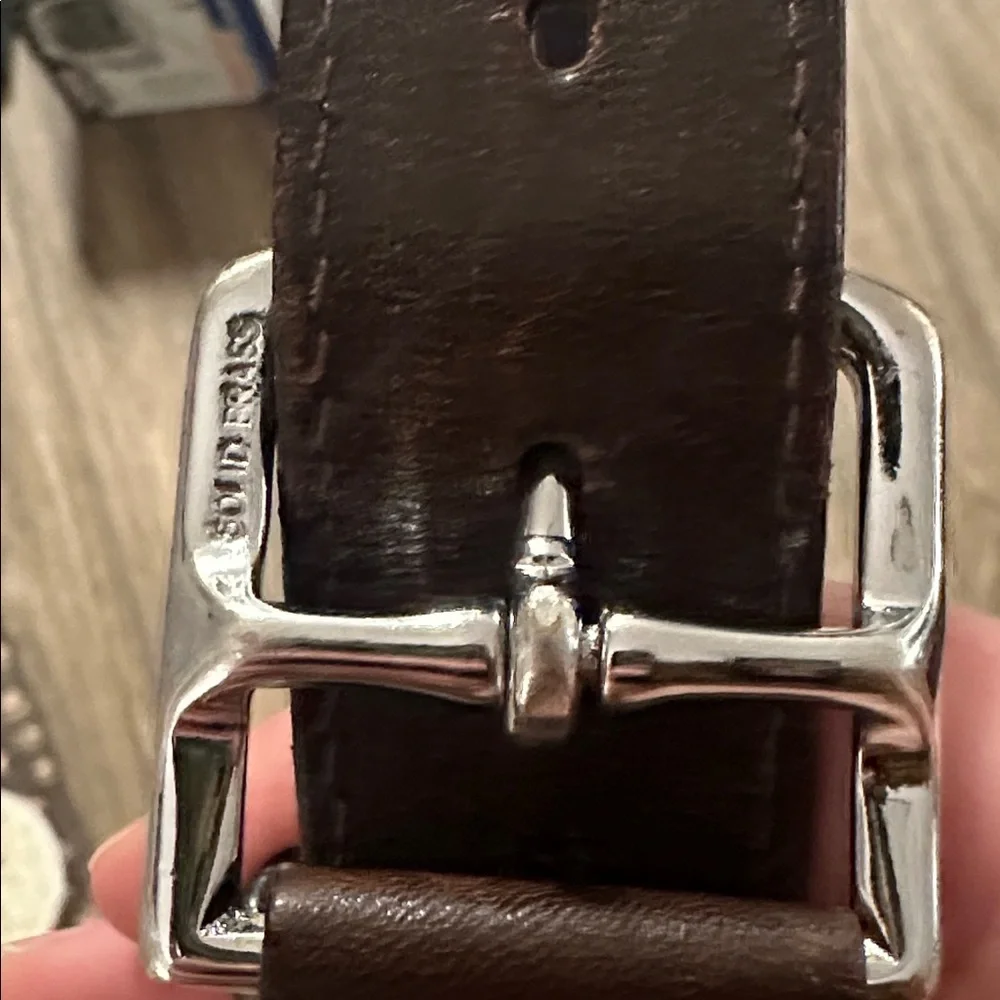 Coach Men's Brown Leather Belt with Navy and Red Stripe solid brass